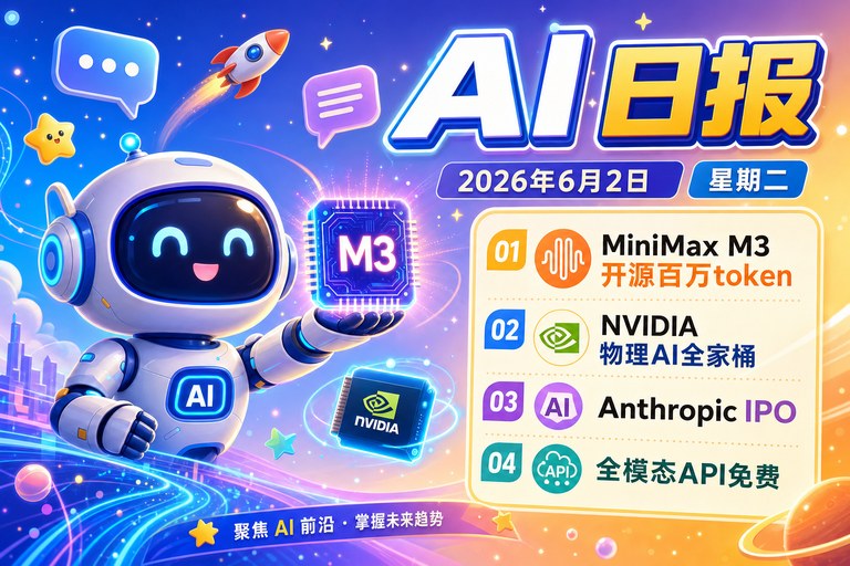 AI 日报 | 2026年6月2日(周二):MiniMax M3 开源、NVIDIA GTC Taipei 发布物理 AI 全家桶