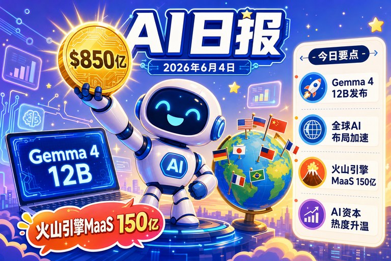AI 日报 | 2026年6月4日（周四）：Alphabet 0亿融资支持Google AI、Gemma 4 12B发布