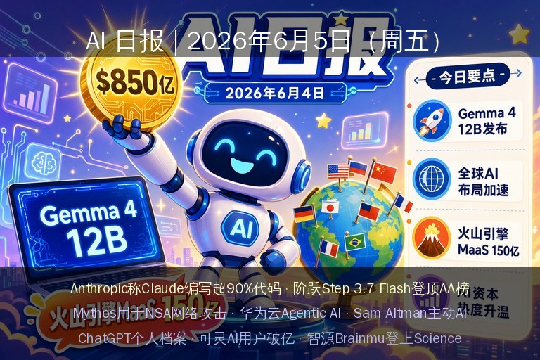 AI 日报 | 2026年6月5日（周五）：Anthropic称Claude编写超90%代码、阶跃Step 3.7 Flash登顶AA榜