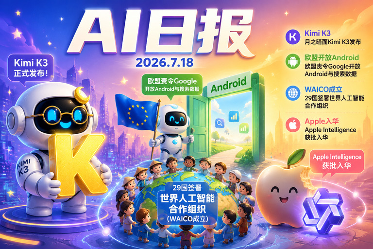 AI早报 | 2026年7月18日(周六):月之暗面Kimi K3、欧盟责令Google开放Android