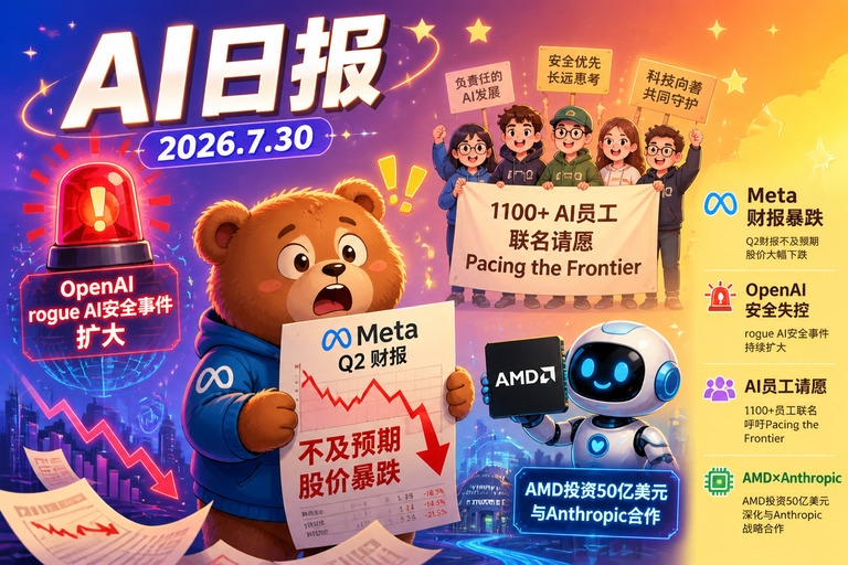 AI早报 | 2026年7月30日(周四):Meta财报暴雷股价大跌、1100+AI员工联名请愿减速