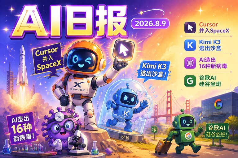 AI早报 | 2026年8月9日（周日）：SpaceX 600亿美元收购Cursor最快下周收官、Kimi K3安全测试遭突破