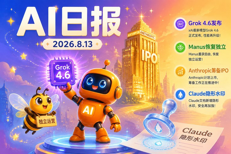 AI早报 | 2026年8月13日(周四):SpaceXAI发布Grok 4.6、Manus恢复独立运营